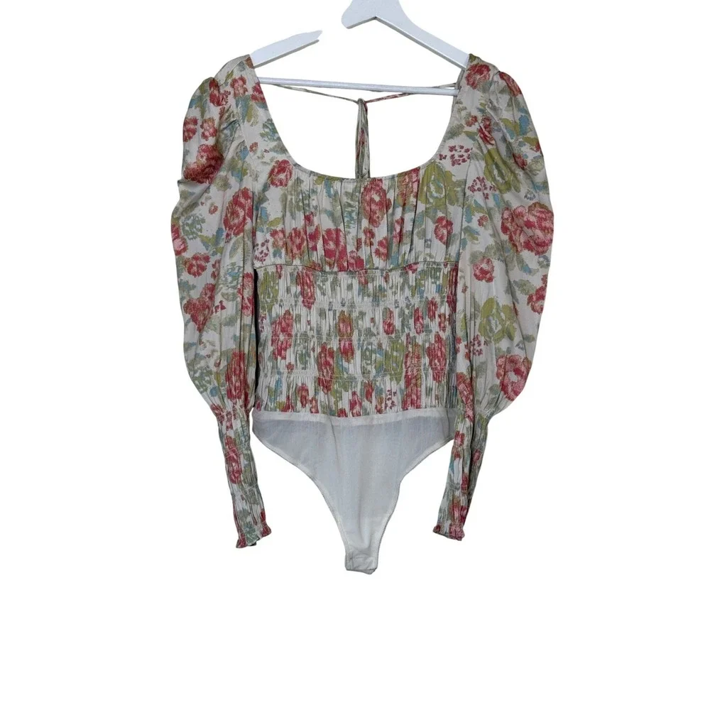 Intimately Free People‎ Boho Floral Smocked Bodysuit Milkmaid Size S Whimsical